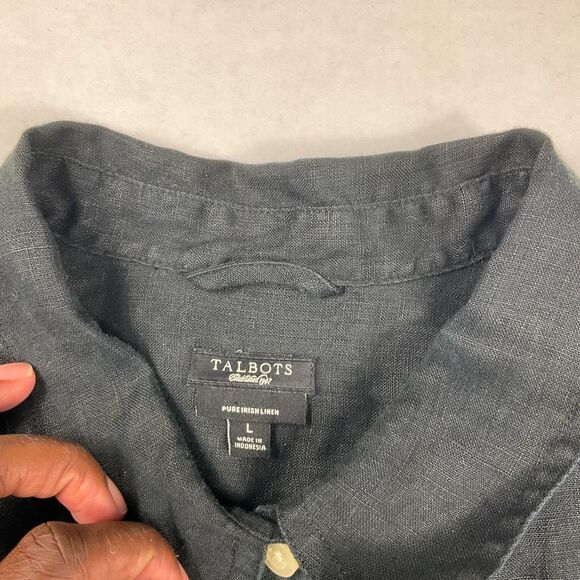 Talbots Irish Linen Button Shirt Black 3/4 Sleeve Classic Work Utility Top Large - Picture 5 of 10